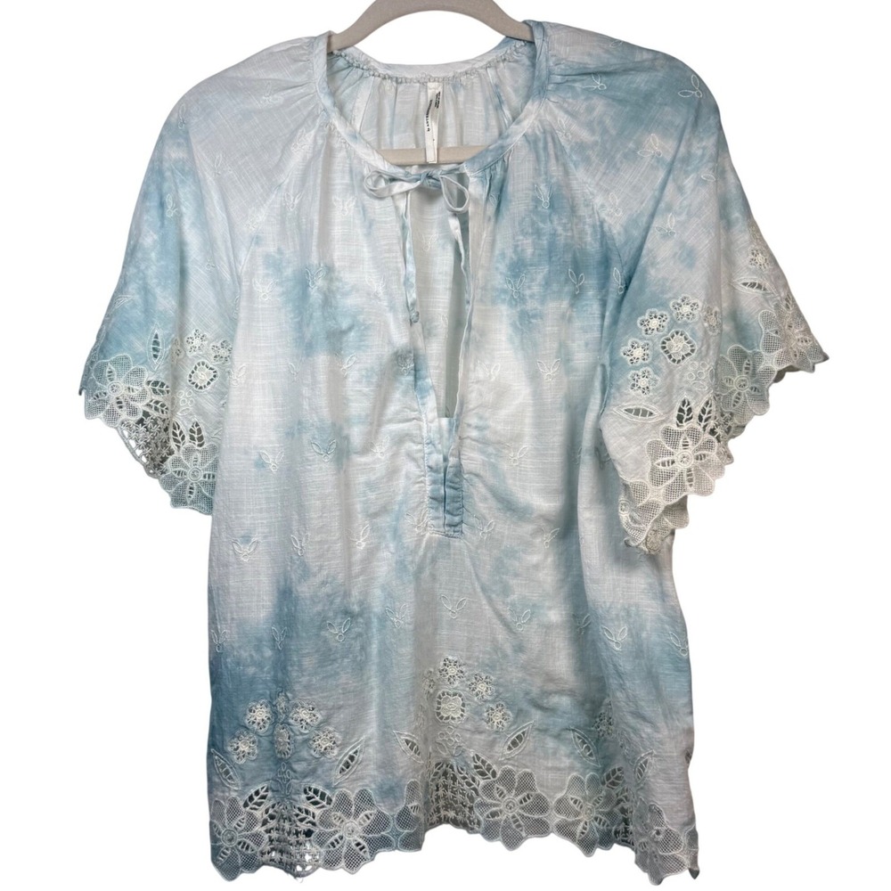 Anthropologie Blue Tie Dye‎ Eyelet Lace Blouse L Boho Coastal Cottagecore Top